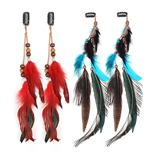 MWOOT 4 Stück Boho Federn Haarschmuck, Hippie Kopfschmuck mit Pfauenfedern, Clip-In Feder Haarspange für Damen Piraten Halloween Kostüm, Indianer Federschmuck Haarclips, Rot Feder Haarextensions von MWOOT