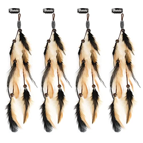 MWOOT 4 Stück Feder Haarschmuck Clip, Indianer Haarschmuck Damen, Federn Haarextensions, Boho Kopfschmuck für Faschingskostüm Karneval Verkleiden Cosplay Haardeko Zubehör Feder Haarspangen von MWOOT