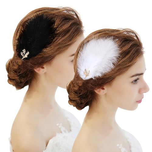 MWOOT 4 Stück Feder Haarschmuck mit Strasssteinen, Fascinators Haarspangen Schwarz Weiß, 1920er Damen Kopfschmuck für Hochzeit Abschlussball Teeparty, FederKopfschmuck Haarclips zum Tanzen Aufführung von MWOOT