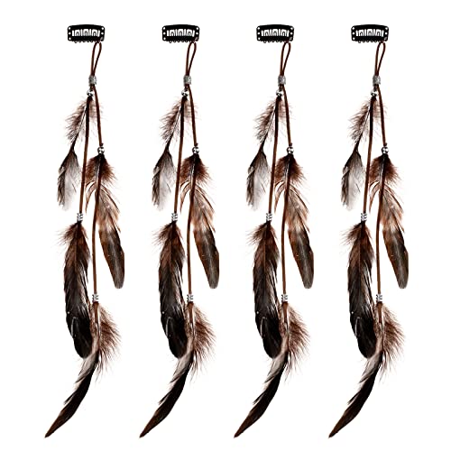 MWOOT 4 Stück Federschmuck für Damen, Handgefertigt Böhmische Feder Haarschmuck mit Klipp, Indianer Federn Haarextensions Feather Hair Clips für Halloween Karneval Cosplay Party Kostüm Verkleiden von MWOOT