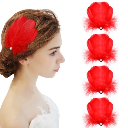 MWOOT 4 Stück Rote Feder Haarspangen, Rote Feder Kopfbedeckung Haarschmuck für Frauen Mädchen, Perlenhaarteil für Karnevalskostüm, Braut Hochzeit Cosplay Party von MWOOT
