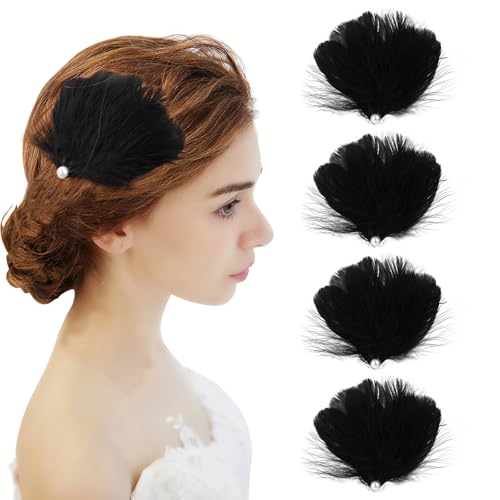MWOOT 4 Stück Schwarz Feder Haarspangen, Schwarz Schwan Feder Kopfschmuck Ballett Haar Accessoires für Frauen Mädchen, Weiße Perle Haarteil für Karneval Kostüm, Braut Hochzeit Cosplay Party von MWOOT