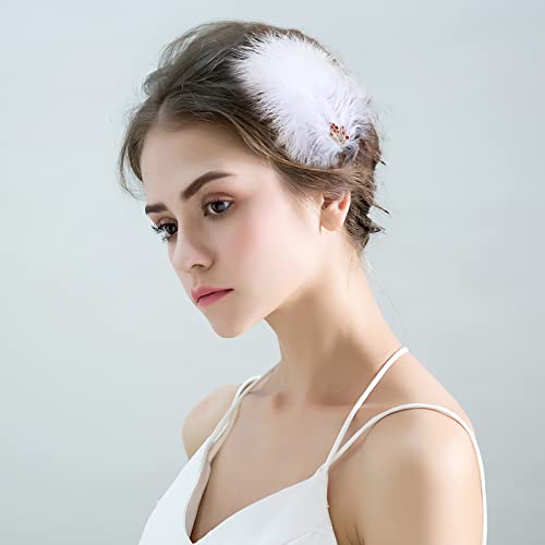MWOOT 4 Stück Weiße Feder Fascinators Haarspangen, Handgemachte Feder Kopfschmuck Strass Haarspangen, Haarspangen Kopfschmuck für Damen und Mädchen, Party Haarnadeln Haarschmuck von MWOOT