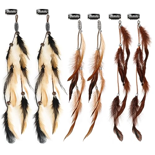 MWOOT 6 Stück Feder Haarschmuck Clip, Indianer Haarschmuck Damen, Federn Haarextensions, Boho Kopfschmuck für Faschingskostüm Karneval Verkleiden Cosplay Haardeko Zubehör Feder Haarspangen von MWOOT