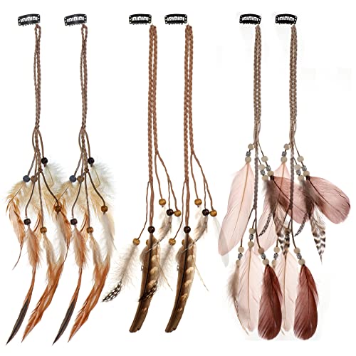 MWOOT 6 Stück Federschmuck für Damen, Handgefertigt Böhmische Feder Haarschmuck mit Klipp, Indianer Federn Haarextensions Feather Hair Clips für Halloween Karneval Cosplay Party Kostüm Verkleiden von MWOOT