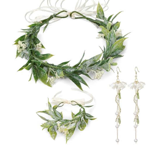 MWOOT Blumenkranz Kopfschmuck Handgelenk Blume Ohrringe Set, Braut Grüne Blatt Blumenkrone Stirnband und Armband mit Band Verstellbar, Boho Maiglöckchen Perle Lange Quaste Ohrringe für Hochzeit Party von MWOOT