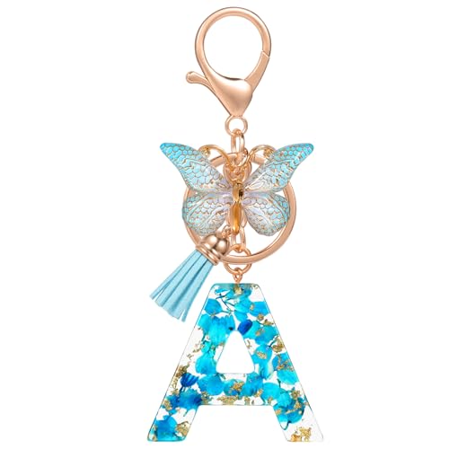 MWOOT Buchstabe Schlüsselanhänger Quasten Schmetterling, Cute Blau Namen Blumen Keyring, Schön Personalisiert Keychain Auto Schlüsselanhänger Frau, Tasche Dekoration Anhänger Schulanfang Geburtstag(A) von MWOOT