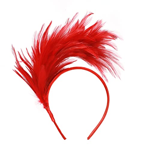 MWOOT Damen Feder Haarreif, Rot Feder Haarschmuck, 1920er Motto Party Kostüm Feder Kopfschmuck Fascinator, Feder Haarteil Accessoire für Karneval Regenbogen Verkleidungsfest Faschingskostüm von MWOOT