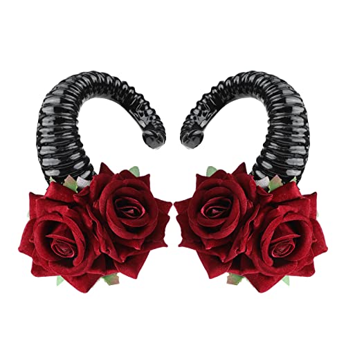 MWOOT Damen Halloween Kostüm Gotik Dämonen Hörner Haarschmuck Haarclips, Rosen Horn Kopfschmuck Zubehör, Schwarzes Schafshorn mit Roten Blumen zum Hexen Cosplay Party, Frauen Fotografie Haarspange von MWOOT