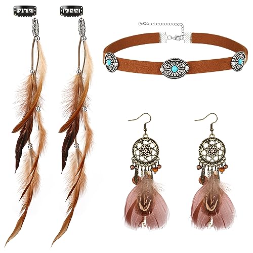 MWOOT Feder Haarschmuck Clip, Indianer Feder Haarverlängerungen Damen, Retro Drop Leder Choker Halskette, Traumfänger-Ohrringe, Boho Stammes-Schmuck Set für Frauen Karneval Cosplay Tribal Kostüm Party von MWOOT