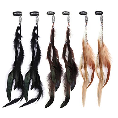 MWOOT 6 Stück Federn Haarextensions, Kopfschmuck Haarverlängerungen mit Federn, Boho Haarschmuck für Faschingskostüm Karneval Halloween Verkleiden, Damen Cosplay Haardeko Zubehör Feder Haarspangen von MWOOT