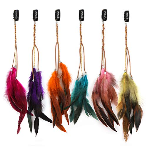 MWOOT 6 Stück Federn Haarextensions, Bunt Haarverlängerung mit Federn, Boho Haarschmuck für Faschingskostüm Karneval Halloween Verkleiden Damen Cosplay Haardeko Zubehör Feder Haarspangen Kopfschmuck von MWOOT