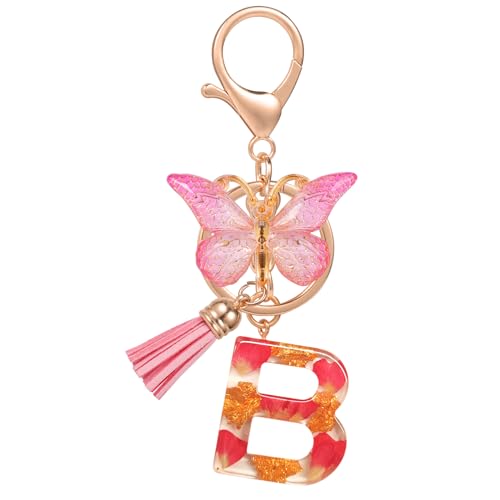 MWOOT Initiale Schlüsselanhänger Buchstabe B Letter Keyring,Alphabet Harz Buchstabe mit Blume Key Chains mit Schmetterling Quaste Anhänger Handtasche Charm,Rosa Blütenblatt Keyring für Frauen(B) von MWOOT