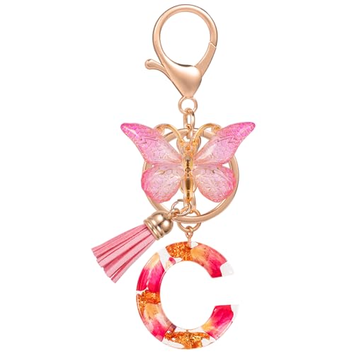 MWOOT Initiale Schlüsselanhänger Buchstabe C Letter Keyring,Alphabet Harz Buchstabe mit Blume Key Chain mit Schmetterling Quaste Anhänger Handtasche Charm,Rosa Blütenblatt Keyring für Frauen(C) von MWOOT