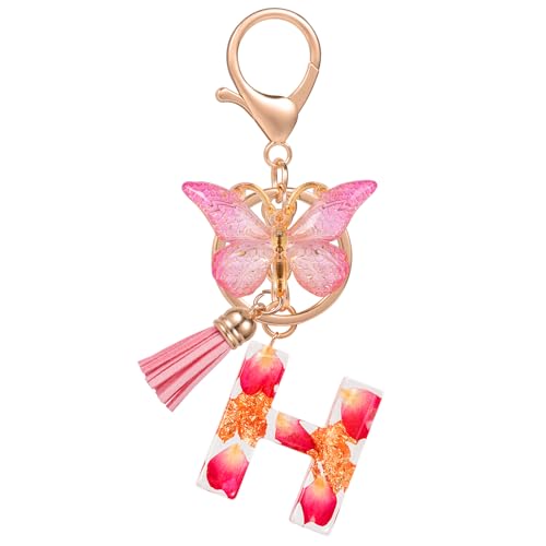 MWOOT Initiale Schlüsselanhänger Buchstabe H Letter Keyring,Alphabet Harz Buchstabe mit Blume Key Chains mit Schmetterling Quaste Anhänger Handtasche Charm,Rosa Blütenblatt Keyring für Frauen(H) von MWOOT