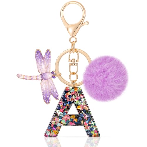 MWOOT Letter A Keychain Initiale Buchstaben-Schlüsselanhänger,Alphabet Harz Key Chain mit Libelle Pompom Anhänger Handtasche Geldbörse Charm,Keyring für Frauen(A) von MWOOT
