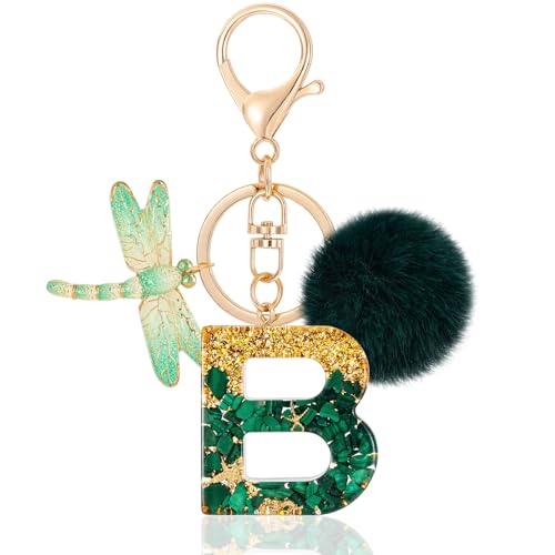 MWOOT Letter B Keychain Initiale Buchstaben-Schlüsselanhänger,Alphabet Harz Key Chain mit Libelle Plüsch Anhänger Handtasche Geldbörse Charm,Grün Keyring für Frauen(B) von MWOOT