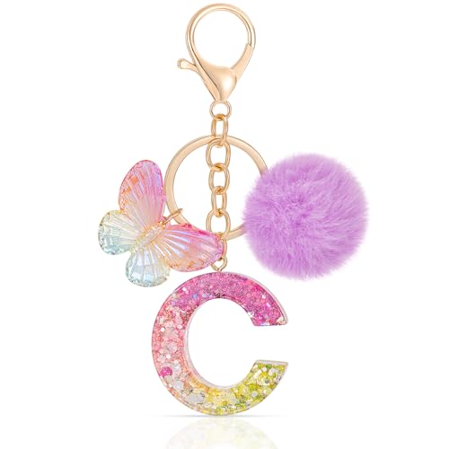 MWOOT Letter C Keychain Initiale Buchstaben-Schlüsselanhänger,Alphabet Harz Key Chain Keyring mit Schmetterling Anhänger Handtasche Geldbörse Charm,Pailletten Schlüsselanhänger für Frauen(C) von MWOOT
