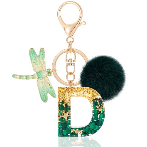 MWOOT Letter D Keychain Initiale Buchstaben-Schlüsselanhänger,Alphabet Harz Key Chain mit Libelle Plüsch Anhänger Handtasche Geldbörse Charm,Grün Keyring für Frauen(D) von MWOOT