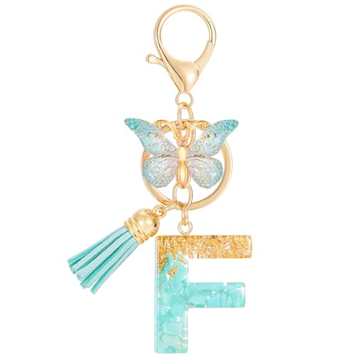 MWOOT Letter F Keychain Initiale Buchstaben-Schlüsselanhänger,Alphabet Harz Blume Key Chain mit Schmetterling Quaste Anhänger Handtasche Geldbörse Charm,Grün Keyring für Frauen(F) von MWOOT