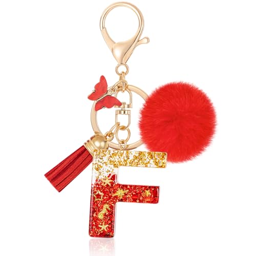 MWOOT Letter F Keychain Initiale Buchstaben-Schlüsselanhänger,Alphabet Harz Key Chain mit Schmetterling Quaste Plüsch Anhänger Handtasche Geldbörse Charm,Rot Keyring für Frauen (F) von MWOOT