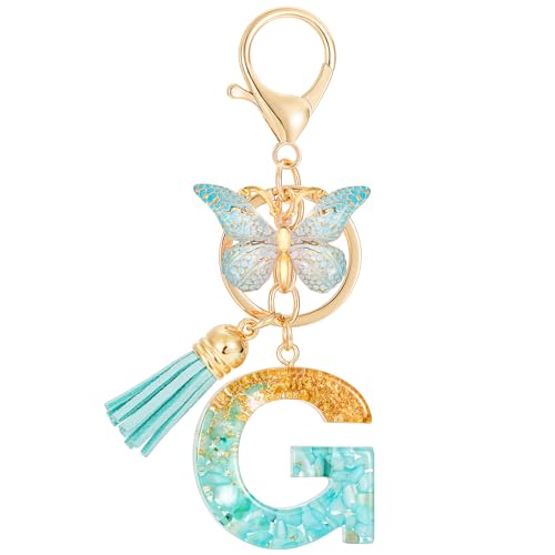 MWOOT Letter G Keychain Initiale Buchstaben-Schlüsselanhänger,Alphabet Harz Blume Key Chain mit Schmetterling Quaste Anhänger Handtasche Geldbörse Charm,Rosa Blütenblatt Keyring für Frauen(G) von MWOOT