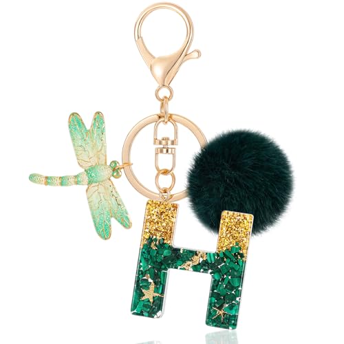 MWOOT Letter H Keychain Initiale Buchstaben-Schlüsselanhänger,Alphabet Harz Key Chain mit Libelle Plüsch Anhänger Handtasche Geldbörse Charm,Grün Keyring für Frauen(H) von MWOOT
