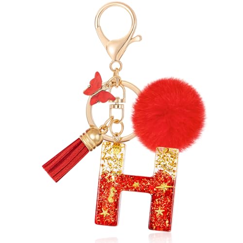 MWOOT Letter H Keychain Initiale Buchstaben-Schlüsselanhänger,Alphabet Harz Key Chain mit Schmetterling Quaste Plüsch Anhänger Handtasche Geldbörse Charm,Rot Keyring für Frauen (H) von MWOOT