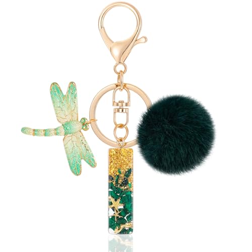 MWOOT Letter I Keychain Initiale Buchstaben-Schlüsselanhänger,Alphabet Harz Key Chain mit Libelle Plüsch Anhänger Handtasche Geldbörse Charm,Grün Keyring für Frauen(I) von MWOOT
