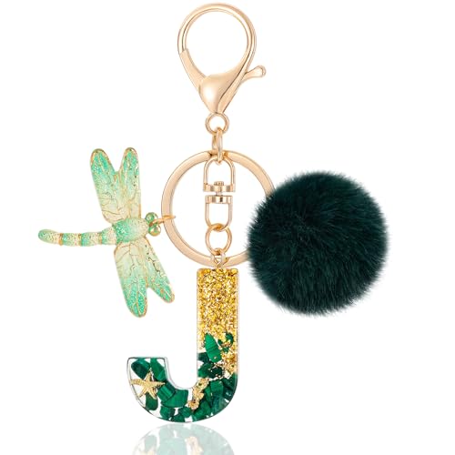 MWOOT Letter J Keychain Initiale Buchstaben-Schlüsselanhänger,Alphabet Harz Key Chain mit Libelle Plüsch Anhänger Handtasche Geldbörse Charm,Grün Keyring für Frauen(J) von MWOOT