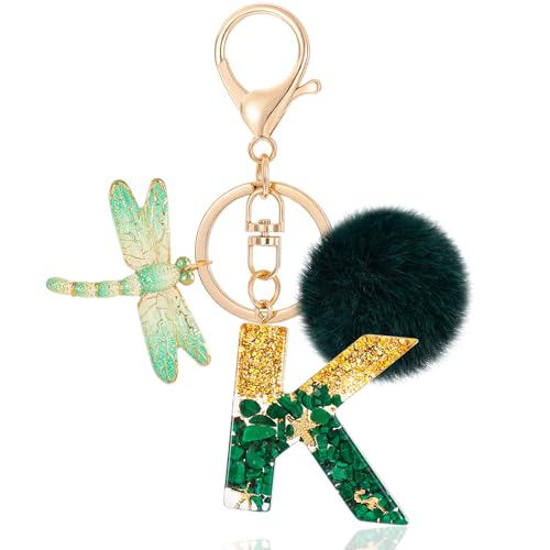 MWOOT Letter K Keychain Initiale Buchstaben-Schlüsselanhänger,Alphabet Harz Key Chain mit Libelle Plüsch Anhänger Handtasche Geldbörse Charm,Grün Keyring für Frauen(K) von MWOOT