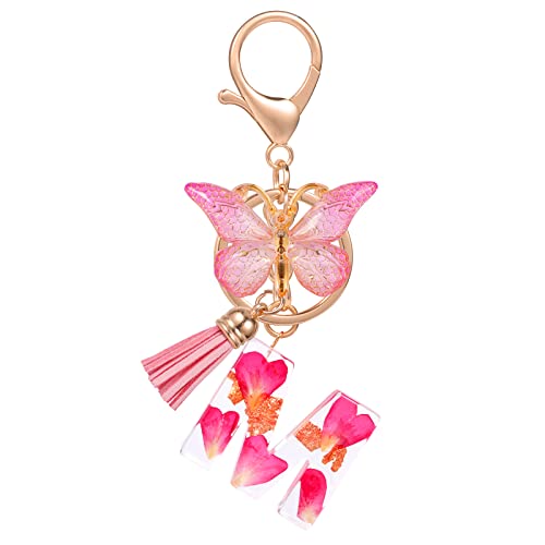 MWOOT Letter Keychain Initiale Buchstaben-Schlüsselanhänger,Alphabet Harz Blume Keyring mit Schmetterling Quaste Anhänger Handtasche Tasche Charm,Rosa Blütenblatt Key Chain für Frauen Mädchen(M) von MWOOT