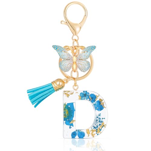MWOOT Letter Keychain Initiale Schlüsselanhänger Buchstabe D,Alphabet Harz Blume Key Chain mit Schmetterling Quaste Anhänger Handtasche Geldbörse Charm,Blau Blütenblatt Keyring für Frauen (D) von MWOOT
