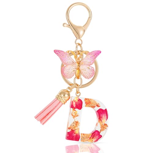 MWOOT Letter Keychain Initiale Schlüsselanhänger Buchstabe D,Alphabet Harz Buchstabe mit Blume Key Chain mit Schmetterling Quaste Anhänger Handtasche Charm,Rosa Blütenblatt Keyring für Frauen(D) von MWOOT
