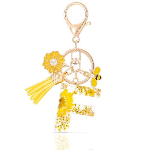 MWOOT Letter Keychain Initiale Schlüsselanhänger Buchstabe F,Alphabet Harz Blume Key Chain mit Gänseblümchen Biene Quaste Anhänger Handtasche Geldbörse Charm,Gelb Blütenblatt Keyring für Frauen(F) von MWOOT