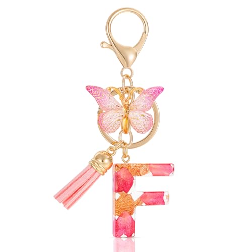 MWOOT Letter Keychain Initiale Schlüsselanhänger Buchstabe F,Alphabet Harz Buchstabe mit Blume Key Chain mit Schmetterling Quaste Anhänger Handtasche Charm,Rosa Blütenblatt Keyring für Frauen (F) von MWOOT