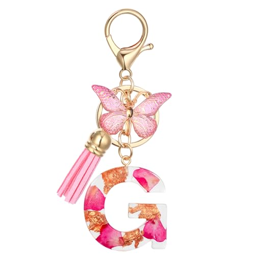 MWOOT Letter Keychain Initiale Schlüsselanhänger Buchstabe G,Alphabet Harz Blume Key Chain mit Schmetterling Quaste Anhänger Handtasche Geldbörse Charm,Rosa Blütenblatt Keyring für Frauen (G) von MWOOT