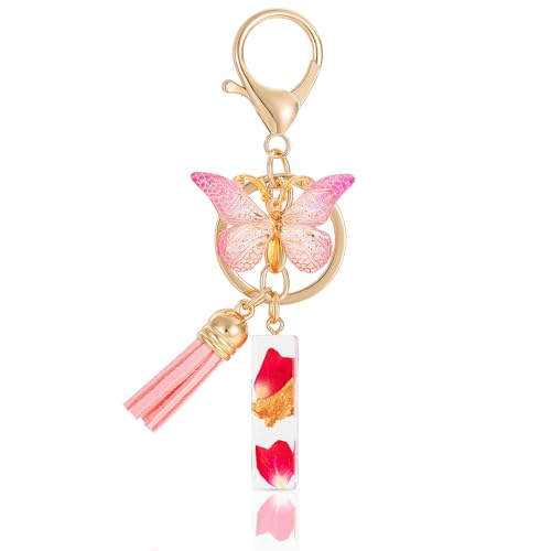 MWOOT Letter Keychain Initiale Schlüsselanhänger Buchstabe I,Alphabet Harz Buchstabe mit Blume Key Chain mit Schmetterling Quaste Anhänger Handtasche Charm,Rosa Blütenblatt Keyring für Frauen (I) von MWOOT