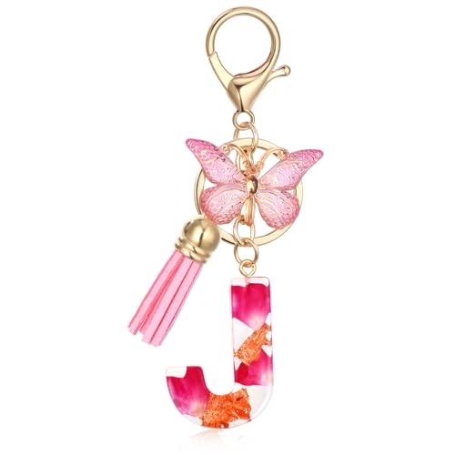 MWOOT Letter Keychain Initiale Schlüsselanhänger Buchstabe J,Alphabet Harz Buchstabe mit Blume Key Chain mit Schmetterling Quaste Anhänger Handtasche Charm,Rosa Blütenblatt Keyring für Frauen(J) von MWOOT