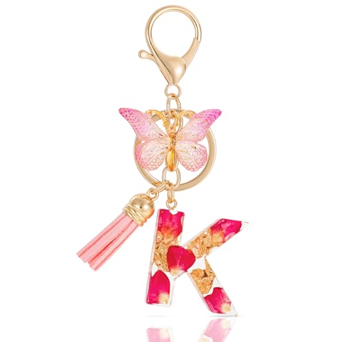MWOOT Letter Keychain Initiale Schlüsselanhänger Buchstabe K,Alphabet Harz Buchstabe mit Blume Key Chain mit Schmetterling Quaste Anhänger Handtasche Charm,Rosa Blütenblatt Keyring für Frauen(K) von MWOOT