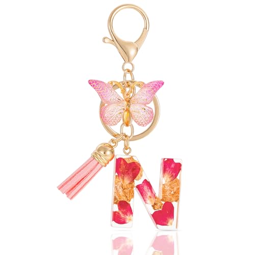 MWOOT Letter Keychain Initiale Schlüsselanhänger Buchstabe N,Alphabet Harz Buchstabe mit Blume Key Chain mit Schmetterling Quaste Anhänger Handtasche Charm,Rosa Blütenblatt Keyring für Frauen(N) von MWOOT