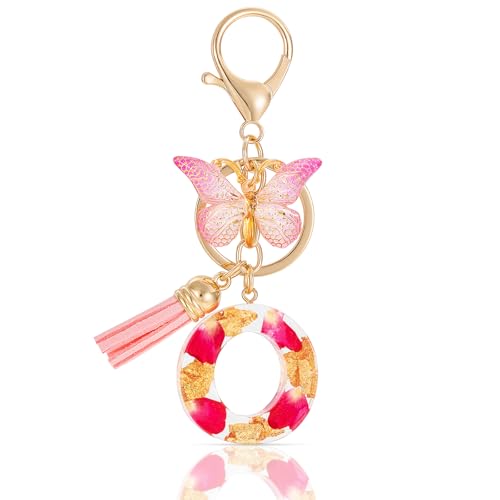 MWOOT Letter Keychain Initiale Schlüsselanhänger Buchstabe O,Alphabet Harz Buchstabe mit Blume Key Chain mit Schmetterling Quaste Anhänger Handtasche Charm,Rosa Blütenblatt Keyring für Frauen (O) von MWOOT