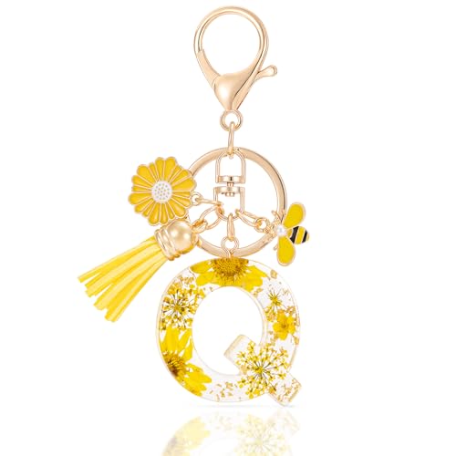 MWOOT Letter Keychain Initiale Schlüsselanhänger Buchstabe Q,Alphabet Harz Blume Key Chain mit Gänseblümchen Biene Quaste Anhänger Handtasche Geldbörse Charm,Gelb Blütenblatt Keyring für Frauen(Q) von MWOOT