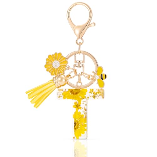 MWOOT Letter Keychain Initiale Schlüsselanhänger Buchstabe T,Alphabet Harz Blume Key Chain mit Gänseblümchen Biene Quaste Anhänger Handtasche Geldbörse Charm,Gelb Blütenblatt Keyring für Frauen(T) von MWOOT