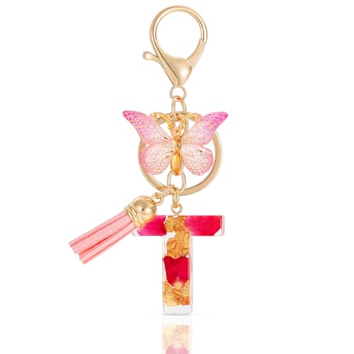 MWOOT Letter Keychain Initiale Schlüsselanhänger Buchstabe T,Alphabet Harz Buchstabe mit Blume Key Chain mit Schmetterling Quaste Anhänger Handtasche Charm,Rosa Blütenblatt Keyring für Frauen (T) von MWOOT