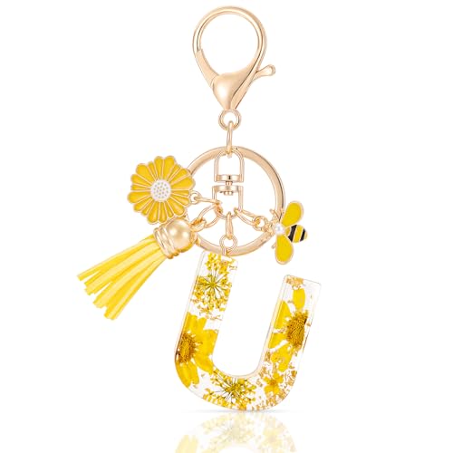 MWOOT Letter Keychain Initiale Schlüsselanhänger Buchstabe U,Alphabet Harz Blume Key Chain mit Gänseblümchen Biene Quaste Anhänger Handtasche Geldbörse Charm,Gelb Blütenblatt Keyring für Frauen(U) von MWOOT