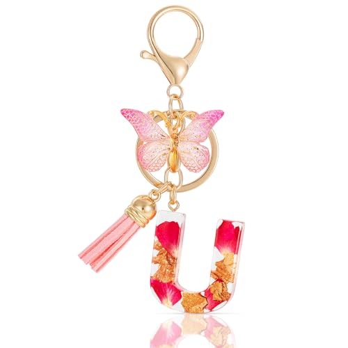MWOOT Letter Keychain Initiale Schlüsselanhänger Buchstabe U,Alphabet Harz Buchstabe mit Blume Key Chain mit Schmetterling Quaste Anhänger Handtasche Charm,Rosa Blütenblatt Keyring für Frauen (U) von MWOOT