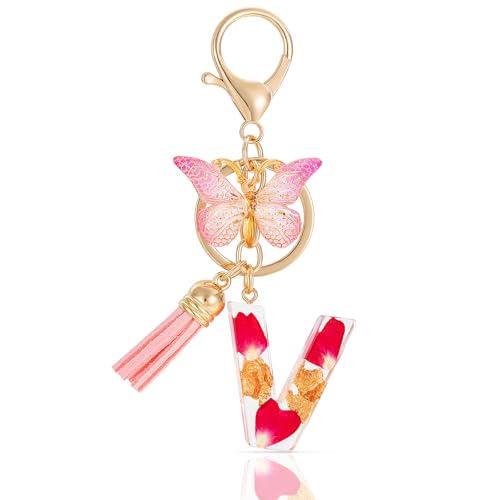 MWOOT Letter Keychain Initiale Schlüsselanhänger Buchstabe V,Alphabet Harz Buchstabe mit Blume Key Chain mit Schmetterling Quaste Anhänger Handtasche Charm,Rosa Blütenblatt Keyring für Frauen (V) von MWOOT
