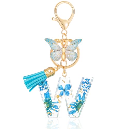 MWOOT Letter Keychain Initiale Schlüsselanhänger Buchstabe W,Alphabet Harz Blume Key Chain mit Schmetterling Quaste Anhänger Handtasche Geldbörse Charm,Blau Blütenblatt Keyring für Frauen (W) von MWOOT