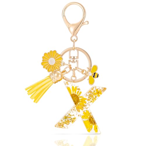 MWOOT Letter Keychain Initiale Schlüsselanhänger Buchstabe X,Alphabet Harz Blume Key Chain mit Gänseblümchen Biene Quaste Anhänger Handtasche Geldbörse Charm,Gelb Blütenblatt Keyring für Frauen(X) von MWOOT